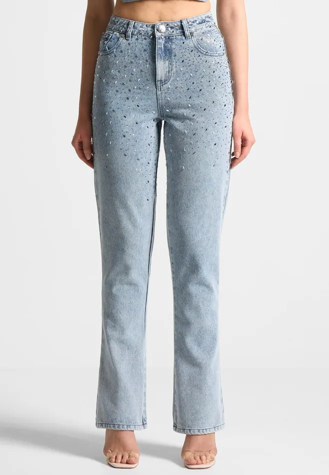Women Manire De Voir Scattered Rhinestone Mini Flare Jeans Mid Blue