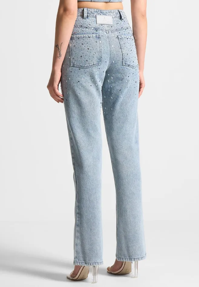 Women Manire De Voir Scattered Rhinestone Mini Flare Jeans Mid Blue