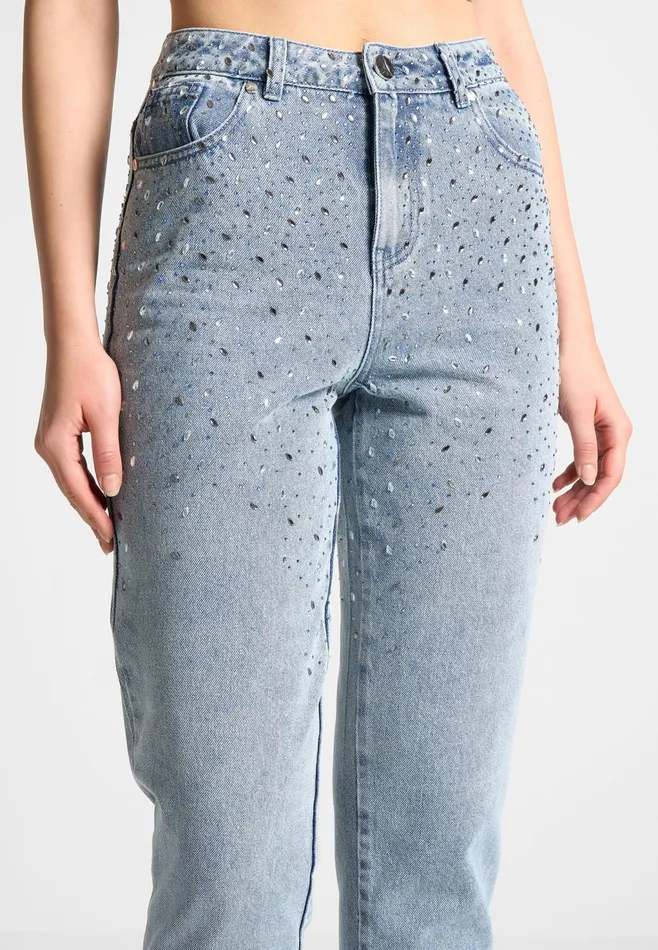 Women Manire De Voir Scattered Rhinestone Mini Flare Jeans Mid Blue