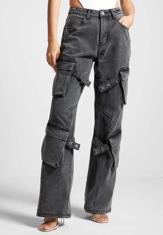 Women Manire De Voir Strap Detail Cargo Jeans Washed Grey