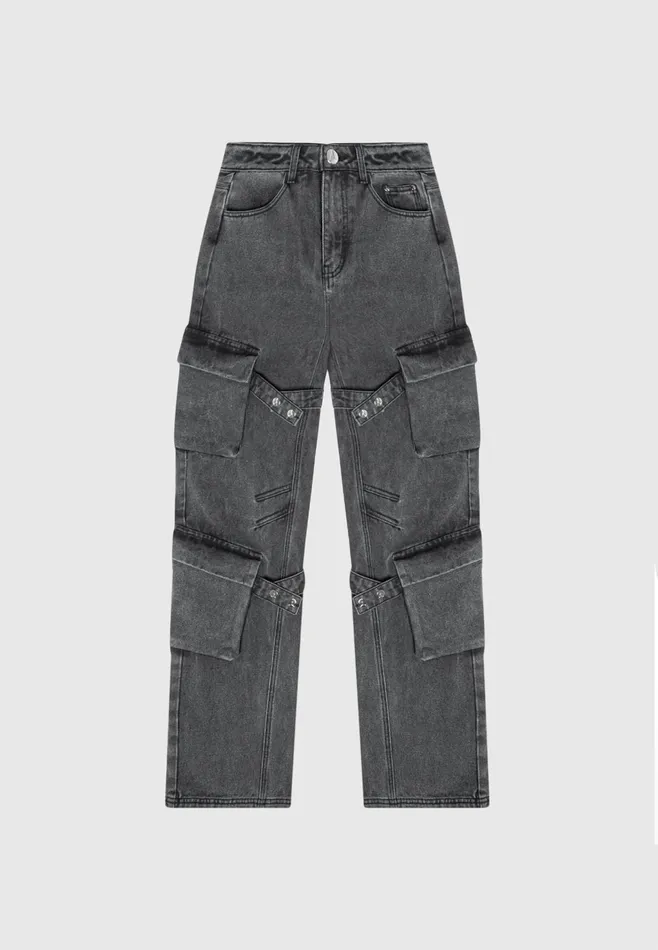 Women Manire De Voir Strap Detail Cargo Jeans Washed Grey
