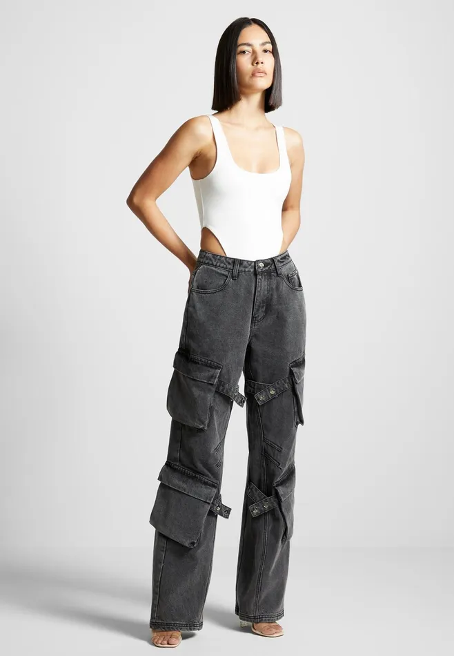 Women Manire De Voir Strap Detail Cargo Jeans Washed Grey