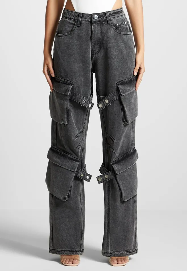 Women Manire De Voir Strap Detail Cargo Jeans Washed Grey