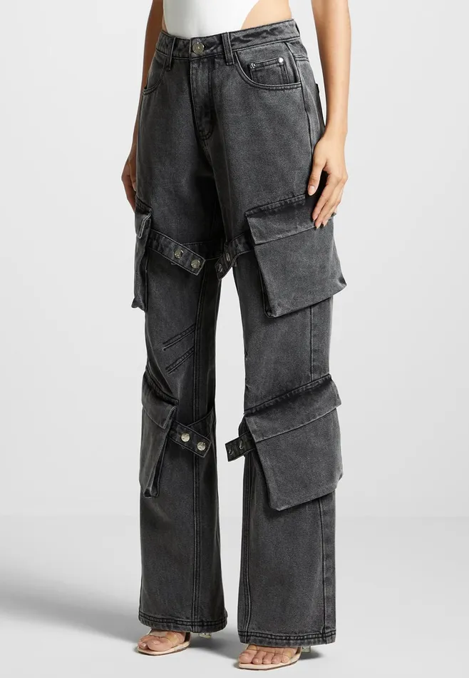 Women Manire De Voir Strap Detail Cargo Jeans Washed Grey