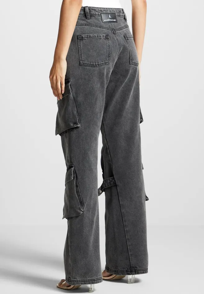 Women Manire De Voir Strap Detail Cargo Jeans Washed Grey
