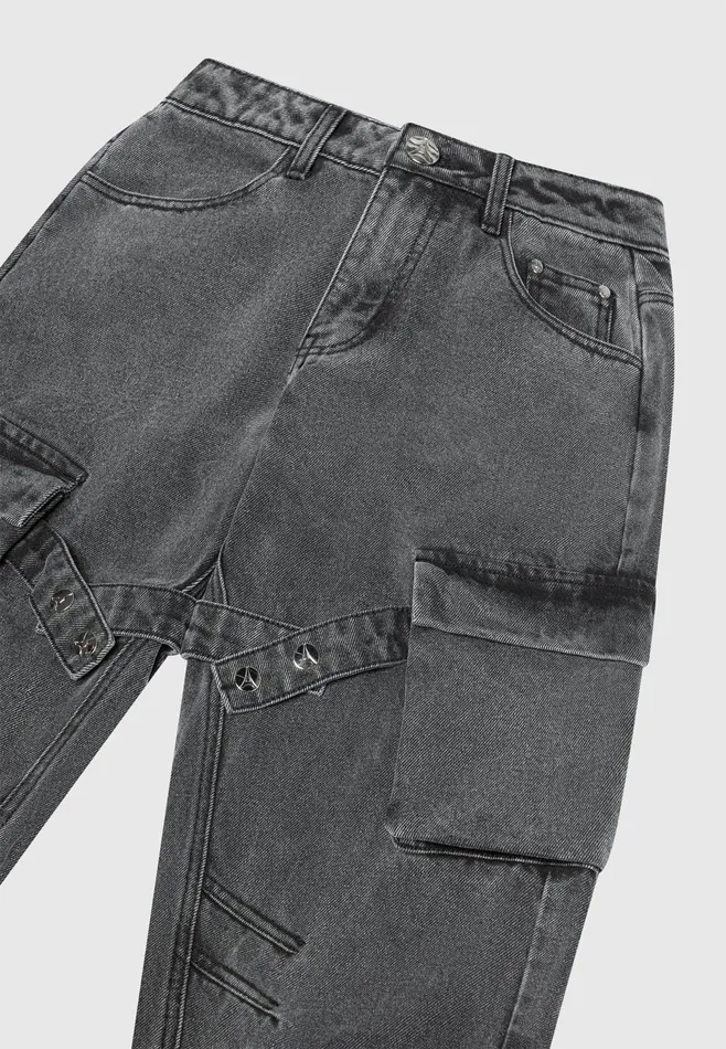 Women Manire De Voir Strap Detail Cargo Jeans Washed Grey