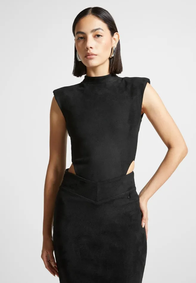 Women Manire De Voir Suede Wide Shoulder Bodysuit Black