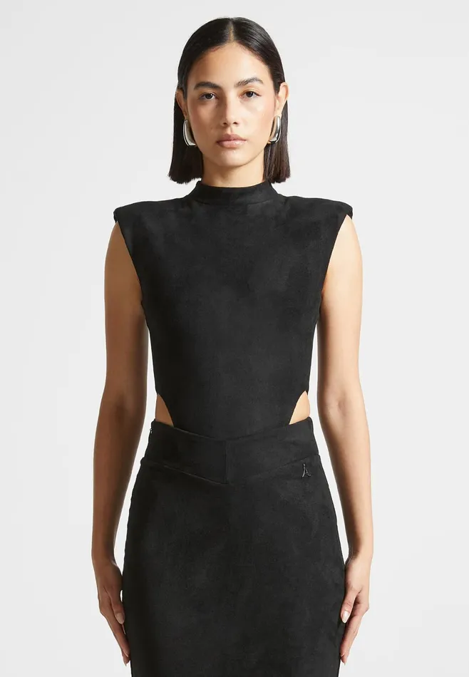 Women Manire De Voir Suede Wide Shoulder Bodysuit Black