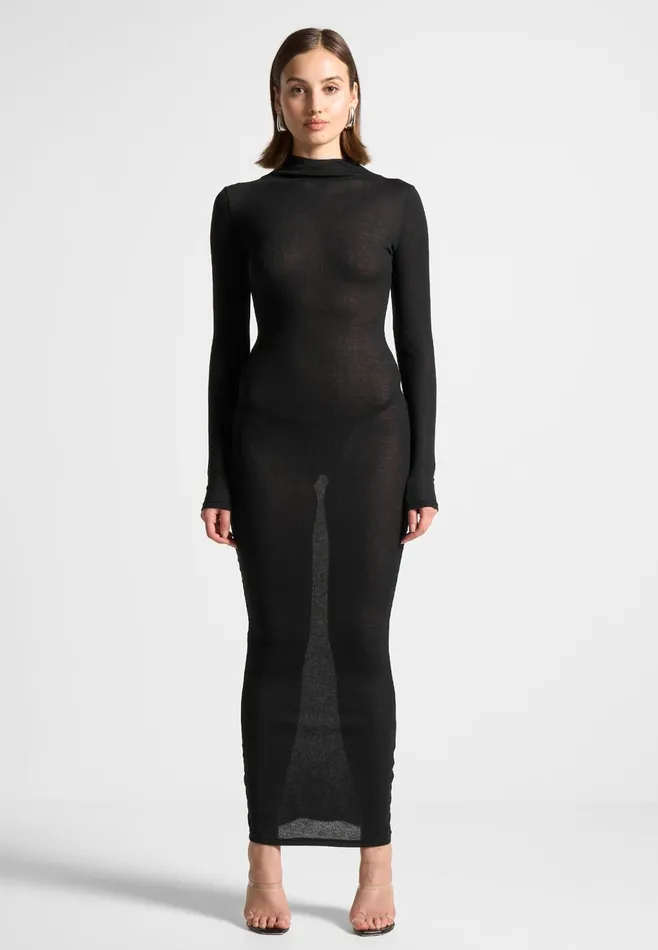 Women Manire De Voir ternelle Mock Neck Sheer Midaxi Dress Black