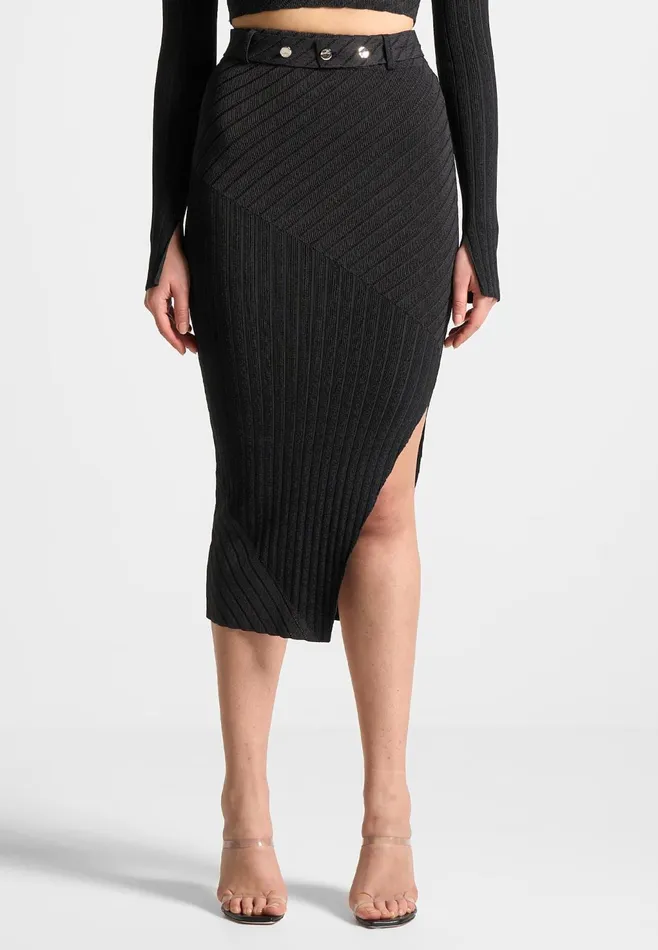Women Manire De Voir TwoTone Ribbed Knit Midi Skirt With Belt Blackgrey