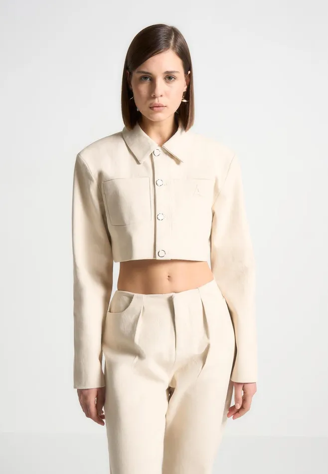 Women Manire De Voir Wide Shoulder Cropped Denim Jacket Cream