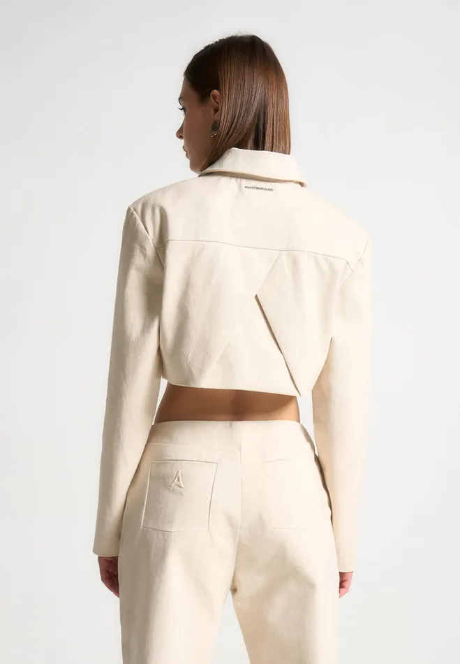 Women Manire De Voir Wide Shoulder Cropped Denim Jacket Cream