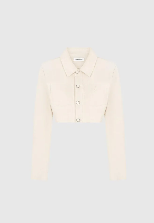 Women Manire De Voir Wide Shoulder Cropped Denim Jacket Cream