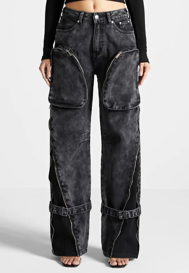 Women Manire De Voir Zip Detail Denim Cargo Pants Washed Black