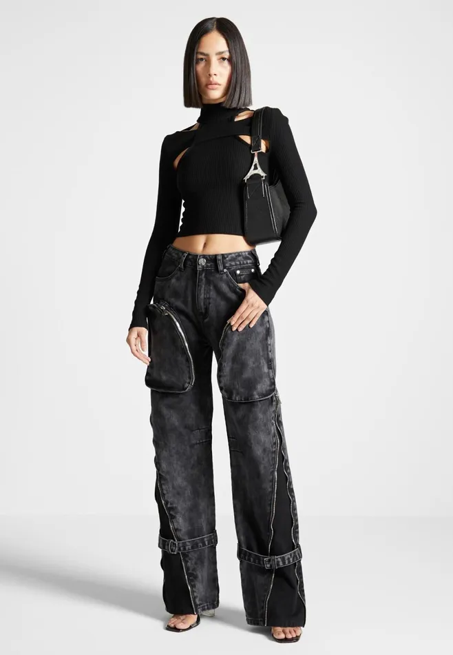 Women Manire De Voir Zip Detail Denim Cargo Pants Washed Black