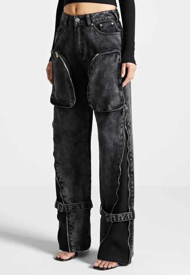 Women Manire De Voir Zip Detail Denim Cargo Pants Washed Black