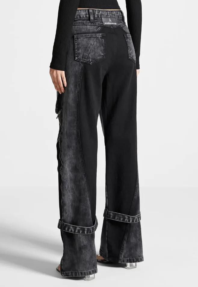 Women Manire De Voir Zip Detail Denim Cargo Pants Washed Black