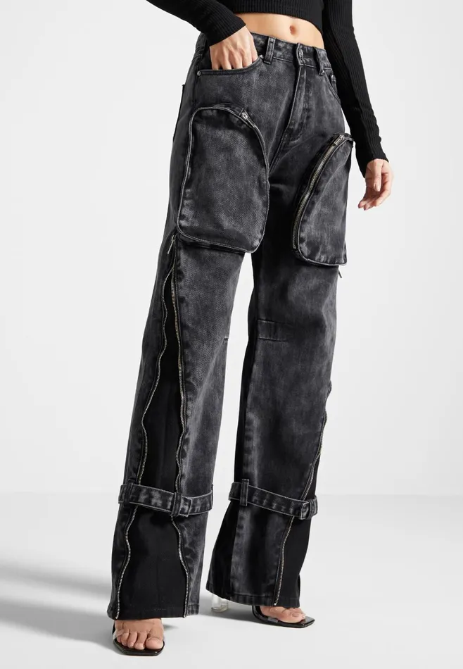 Women Manire De Voir Zip Detail Denim Cargo Pants Washed Black