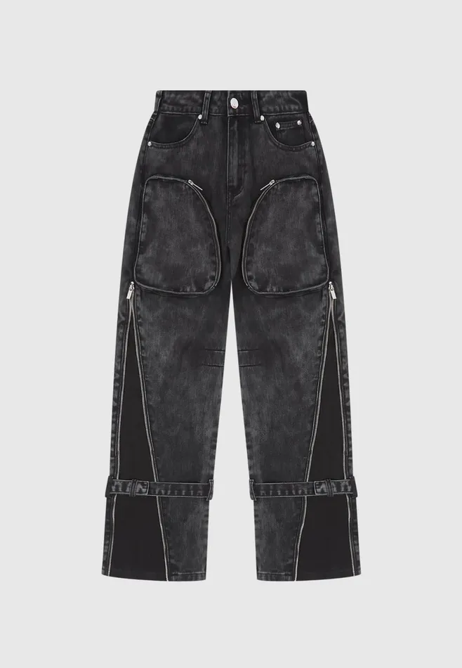 Women Manire De Voir Zip Detail Denim Cargo Pants Washed Black