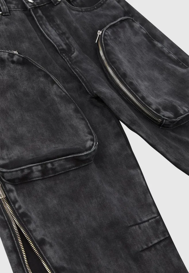 Women Manire De Voir Zip Detail Denim Cargo Pants Washed Black