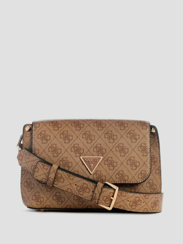 Women Meridian Quattro G FoldOver Shoulder Bag Latte Logo Handbags GUESS