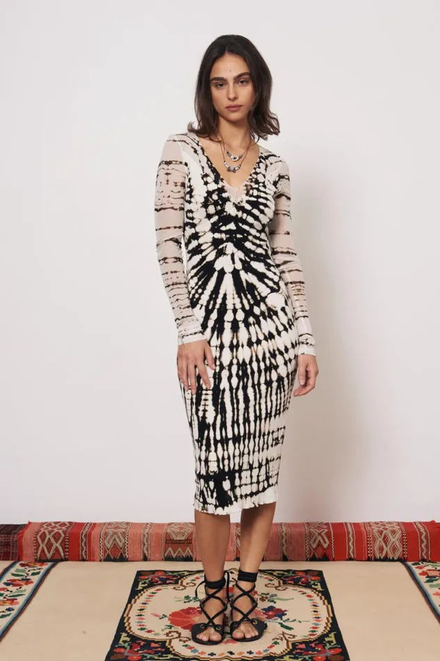 Women Mesh Black And Dirty White Long Sleeve Poppy Midi Dress Raquel Allegra Dresses