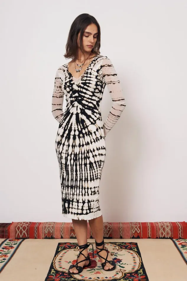 Women Mesh Black And Dirty White Long Sleeve Poppy Midi Dress Raquel Allegra Dresses