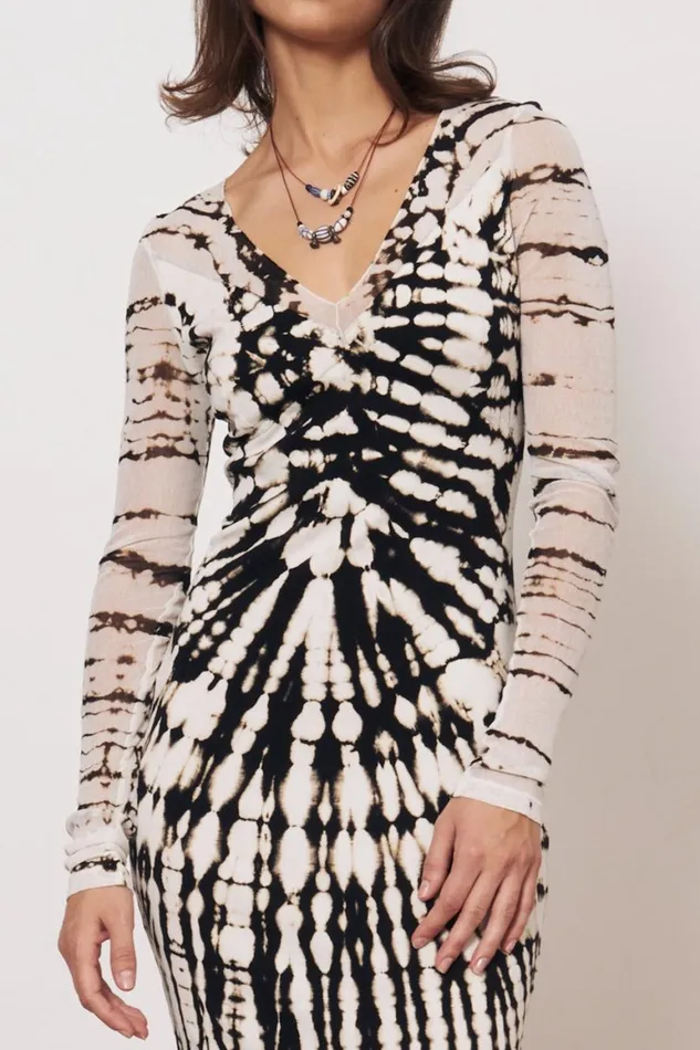 Women Mesh Black And Dirty White Long Sleeve Poppy Midi Dress Raquel Allegra Dresses