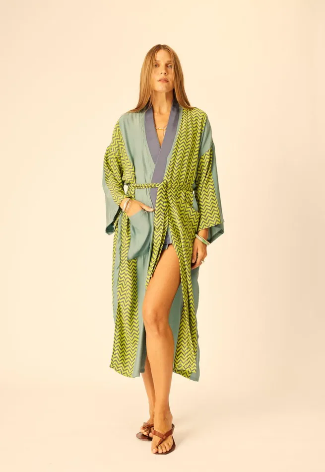 Women Natalie Martin CoverUps Diane Long Robe Block Zigzag Lime