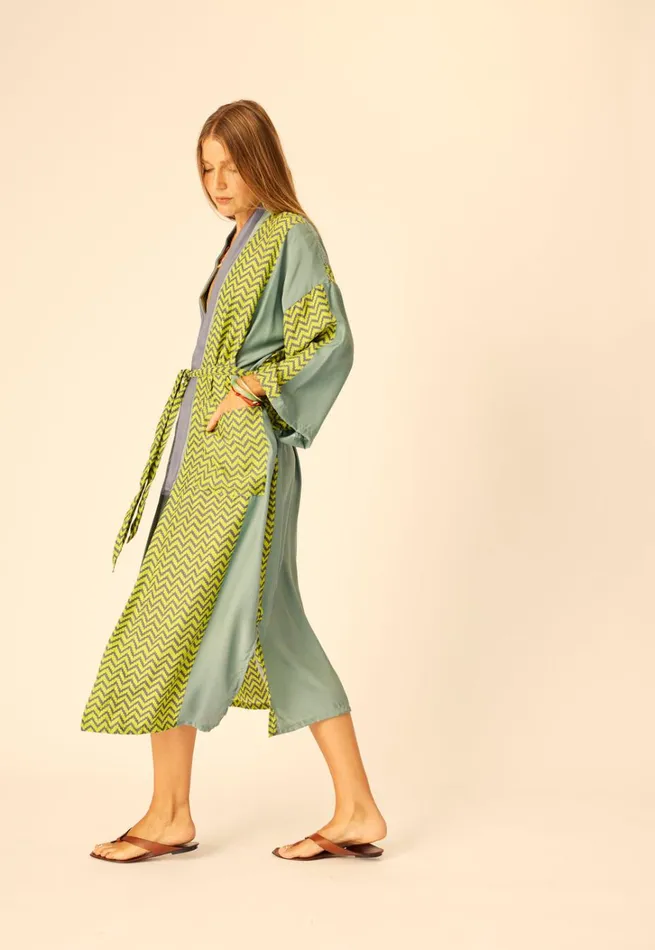 Women Natalie Martin CoverUps Diane Long Robe Block Zigzag Lime