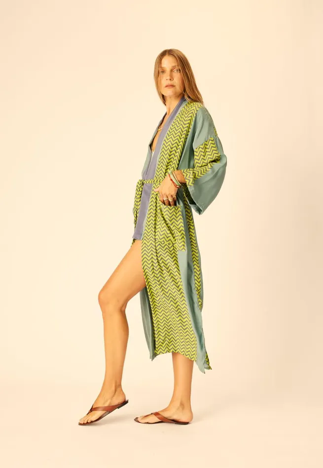 Women Natalie Martin CoverUps Diane Long Robe Block Zigzag Lime