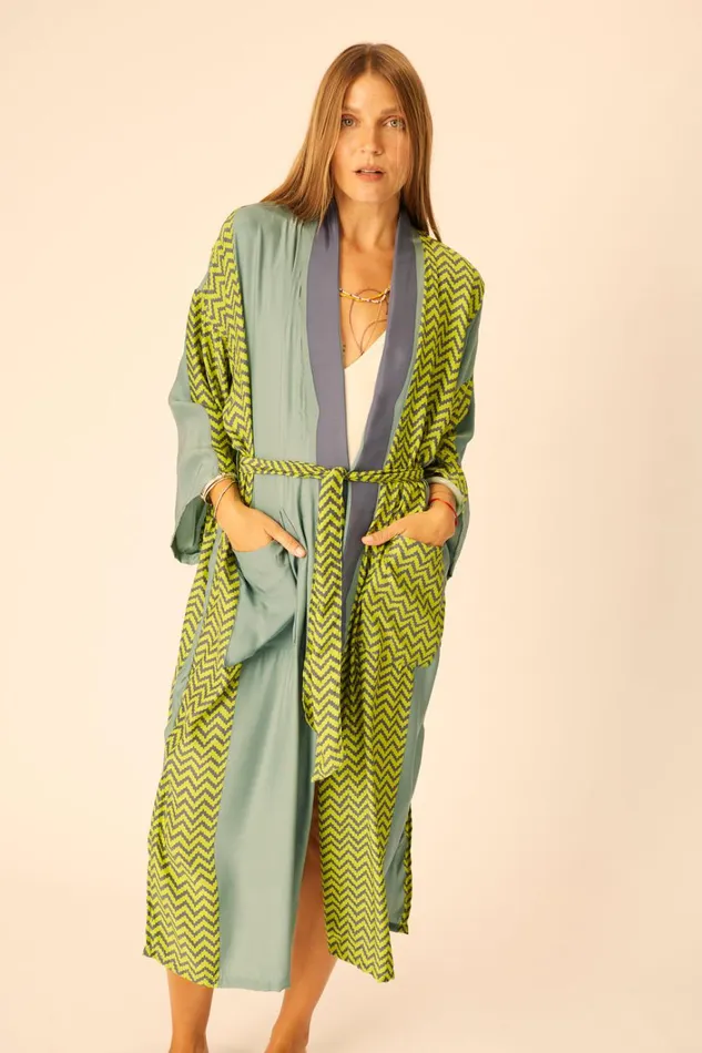 Women Natalie Martin CoverUps Diane Long Robe Block Zigzag Lime