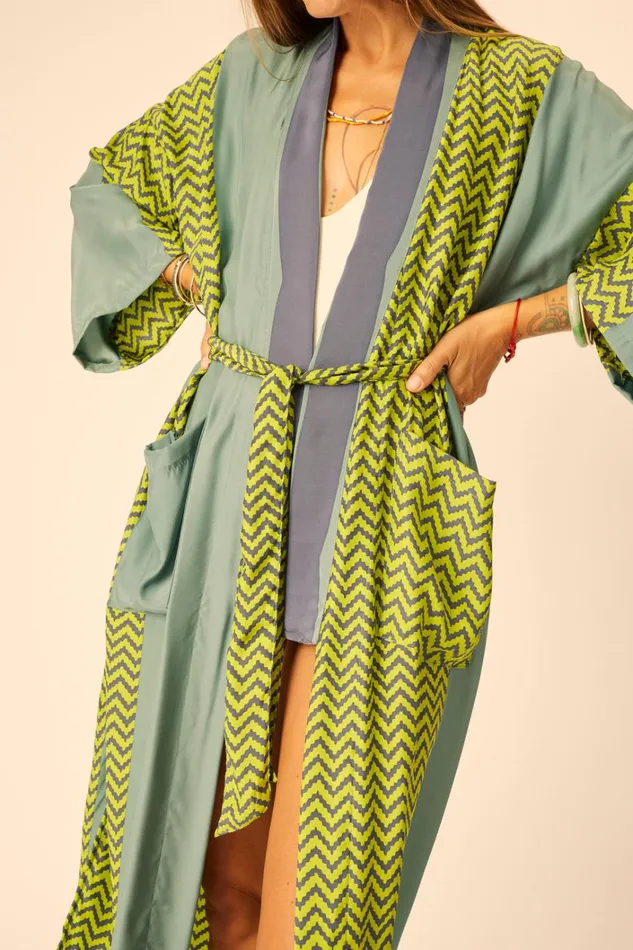 Women Natalie Martin CoverUps Diane Long Robe Block Zigzag Lime