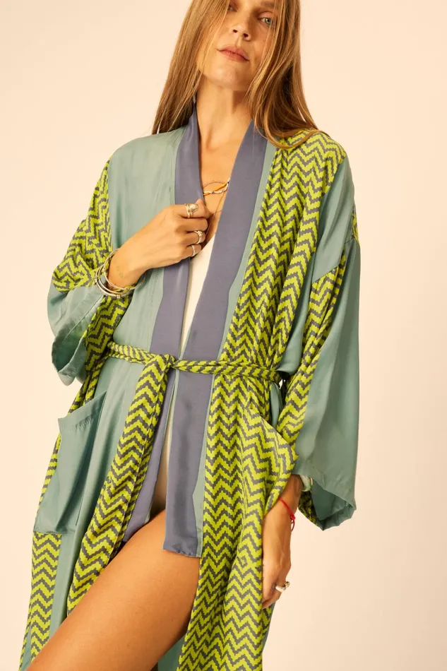 Women Natalie Martin CoverUps Diane Long Robe Block Zigzag Lime