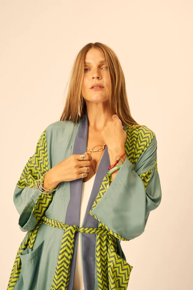 Women Natalie Martin CoverUps Diane Long Robe Block Zigzag Lime