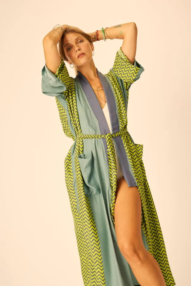 Women Natalie Martin CoverUps Diane Long Robe Block Zigzag Lime