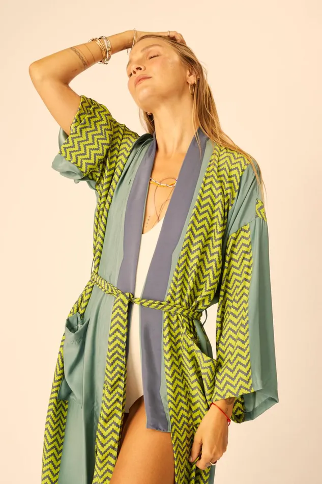 Women Natalie Martin CoverUps Diane Long Robe Block Zigzag Lime