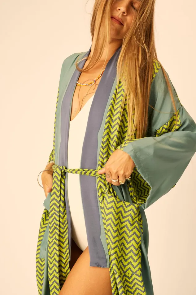 Women Natalie Martin CoverUps Diane Long Robe Block Zigzag Lime