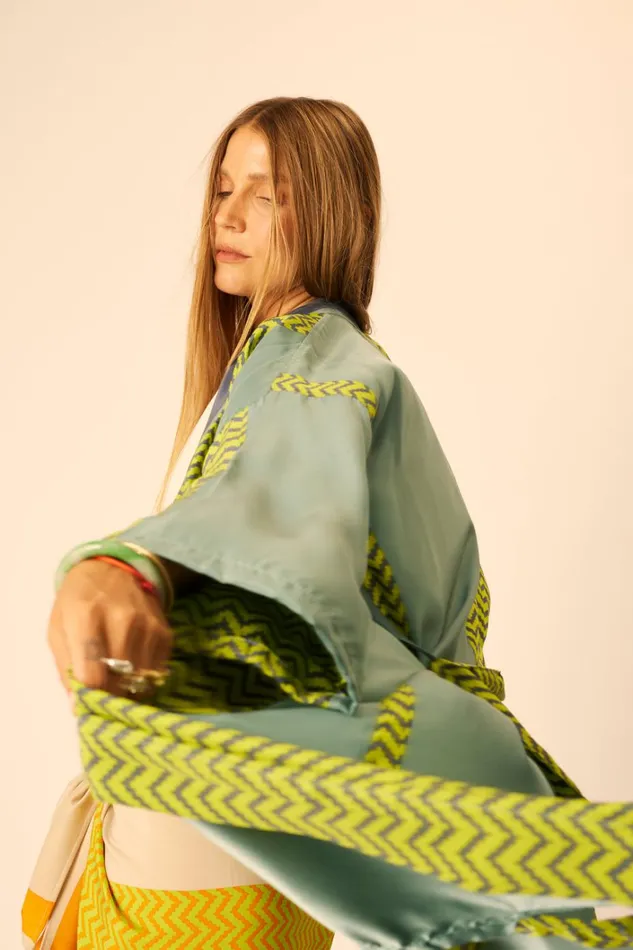 Women Natalie Martin CoverUps Diane Long Robe Block Zigzag Lime