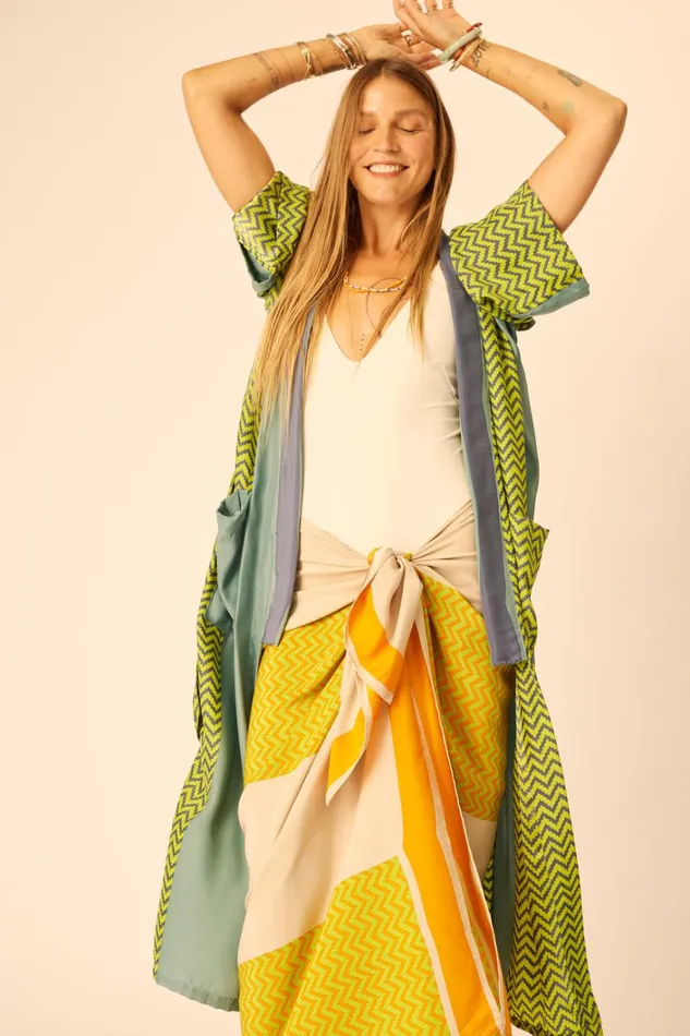 Women Natalie Martin CoverUps Diane Long Robe Block Zigzag Lime