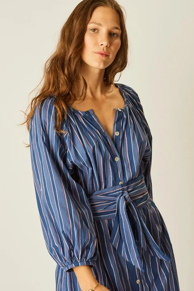 Women Natalie Martin Dresses Alex Midi With Sash Batik Stripe Navy