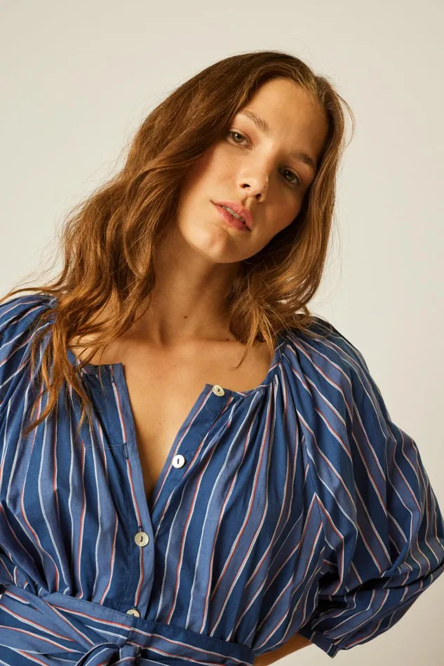 Women Natalie Martin Dresses Alex Midi With Sash Batik Stripe Navy