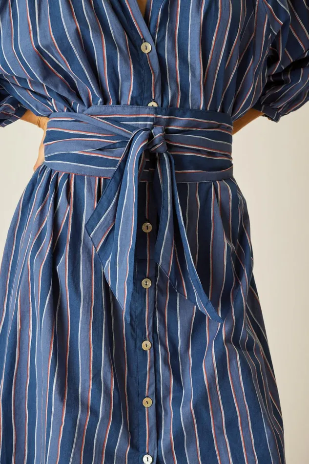 Women Natalie Martin Dresses Alex Midi With Sash Batik Stripe Navy