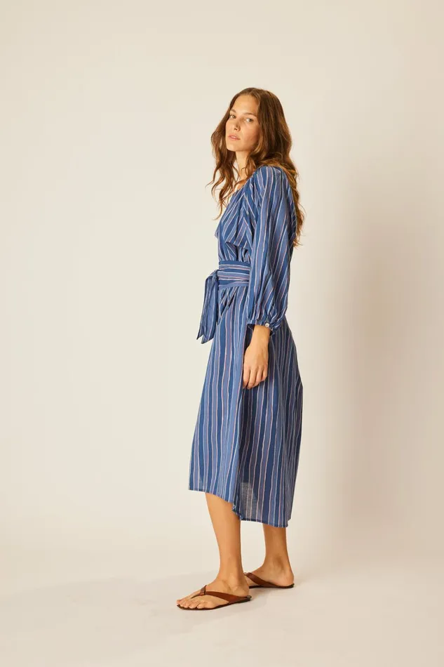Women Natalie Martin Dresses Alex Midi With Sash Batik Stripe Navy