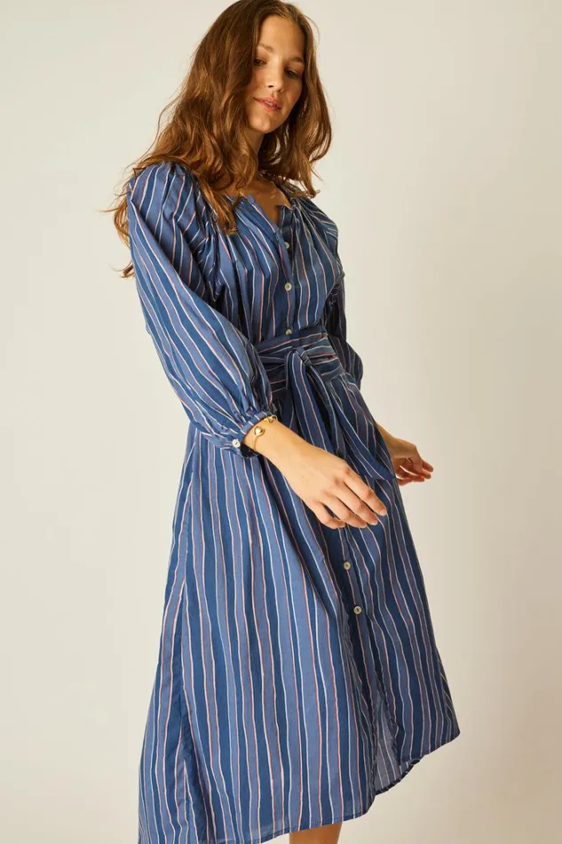 Women Natalie Martin Dresses Alex Midi With Sash Batik Stripe Navy