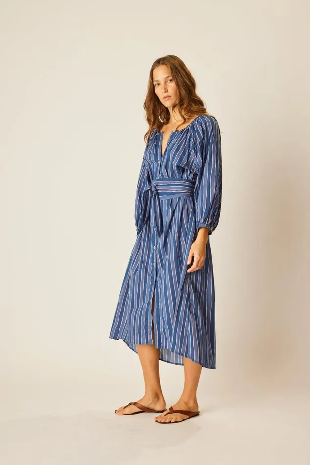Women Natalie Martin Dresses Alex Midi With Sash Batik Stripe Navy