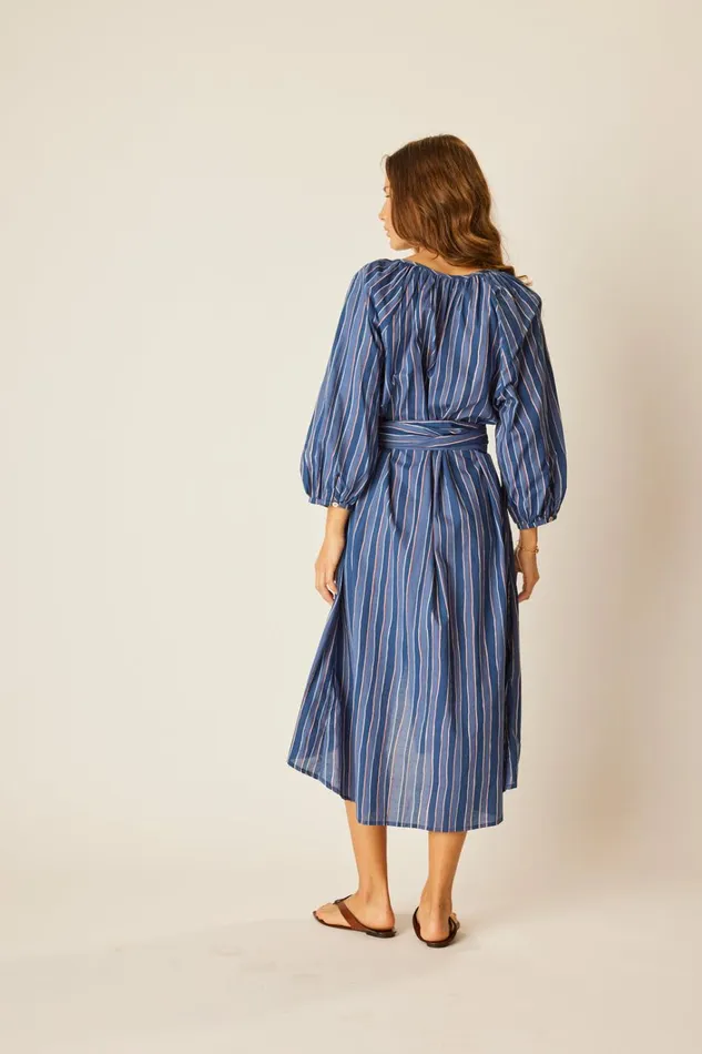 Women Natalie Martin Dresses Alex Midi With Sash Batik Stripe Navy