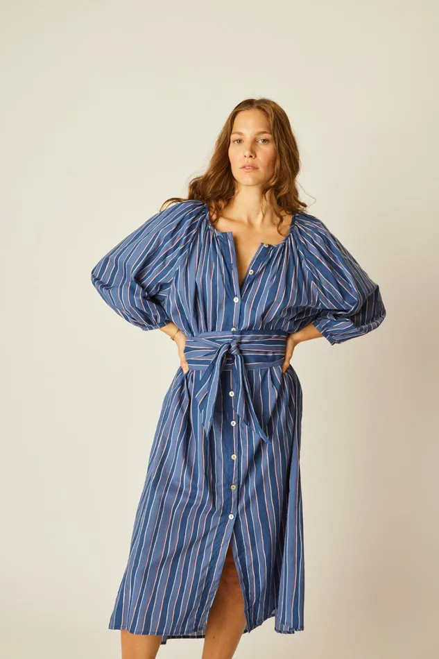 Women Natalie Martin Dresses Alex Midi With Sash Batik Stripe Navy
