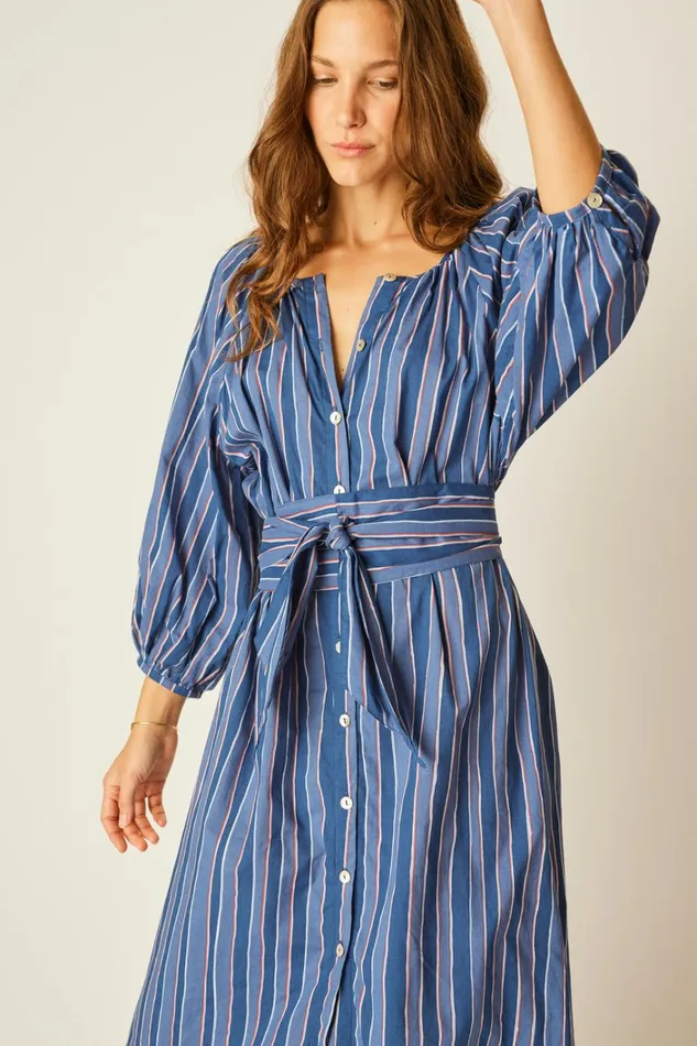 Women Natalie Martin Dresses Alex Midi With Sash Batik Stripe Navy