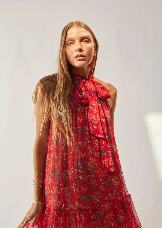 Women Natalie Martin Dresses Indiana Maxi Chiffon Watercolor Vermillion